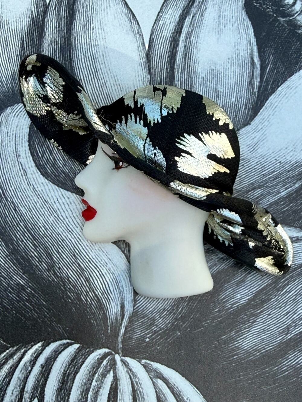 Vintage Woman Lady Face Profile Hat Brooch Hand Painted Art Deco Flapper Pin